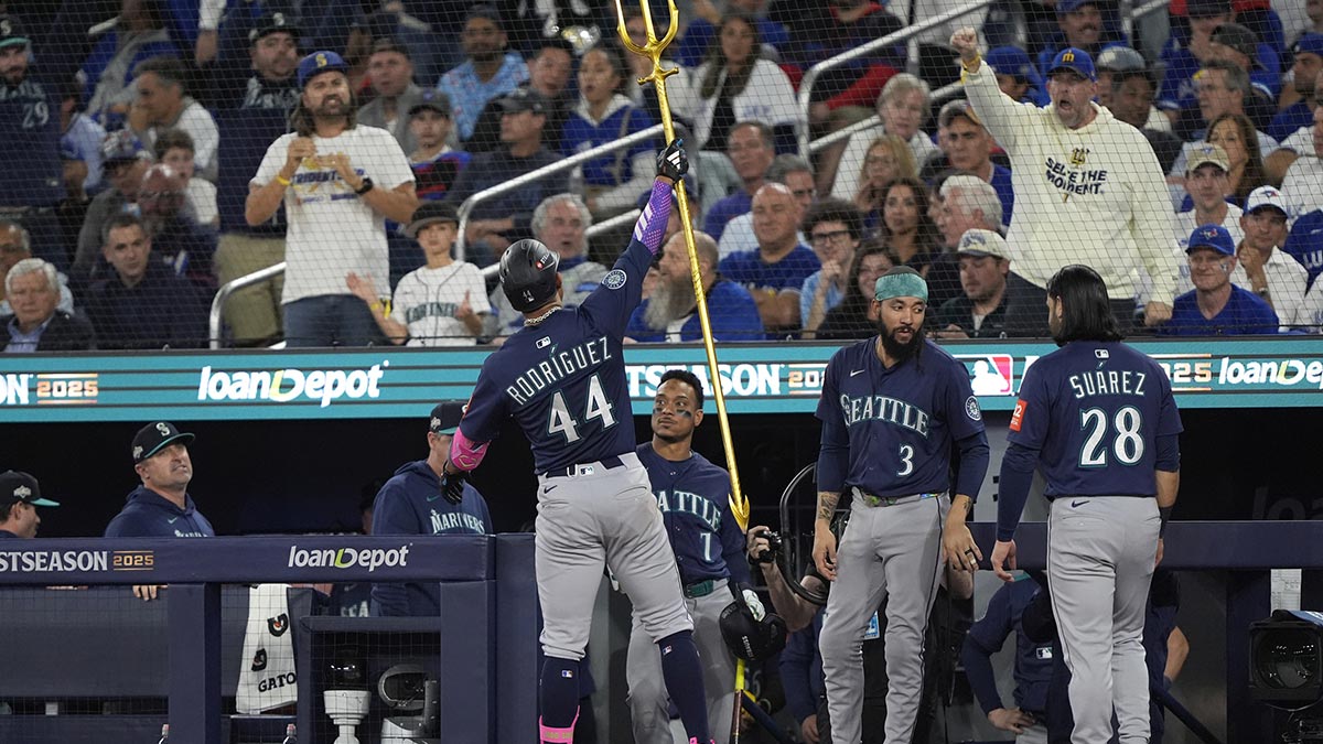 Mariners center fielder Julio Rodriguez (44) celebrates