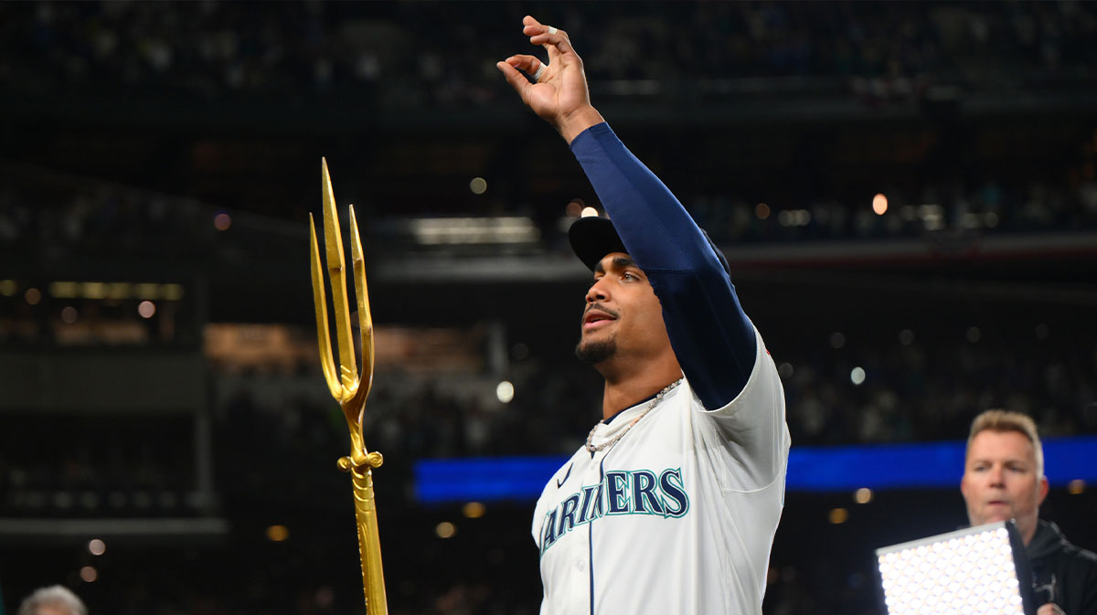 Seattle Mariners center fielder Julio Rodriguez (44) celebrates after defeating the Detroit Tigers in game two of the ALDS round for the 2025 MLB playoffs at T-Mobile Park.