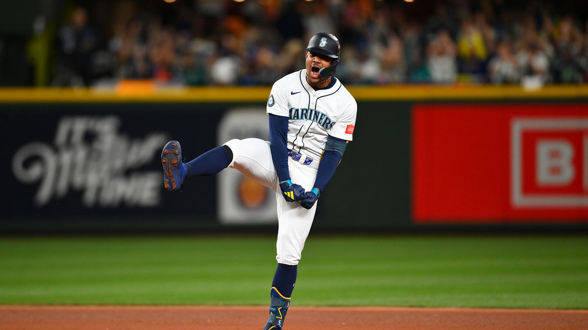 Seattle Mariners center fielder Julio Rodriguez (44) celebrates after hitting an RBI double against the Detroit Tigers in the eighth inning during game two of the ALDS round for the 2025 MLB playoffs at T-Mobile Park.