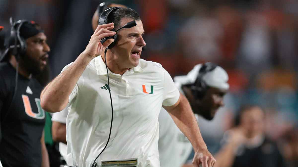 Miami Hurricanes head coach Mario Cristobal reacts from the sideline against the South Florida Bulls during the third quarter at Hard Rock Stadium.