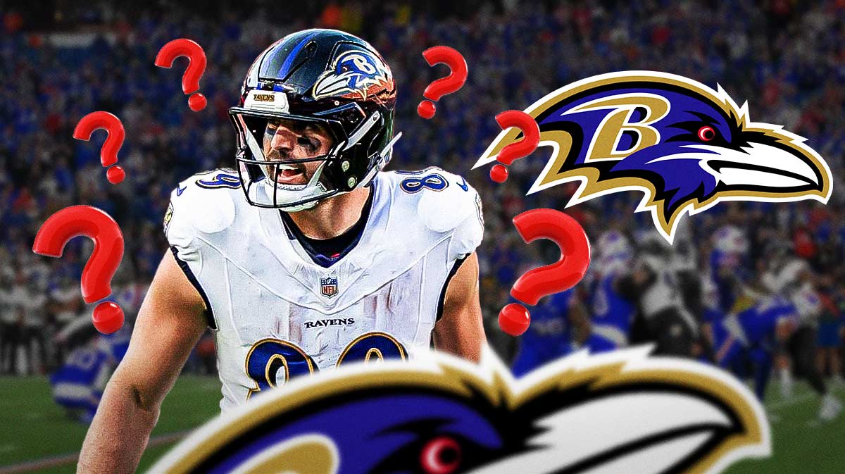 Mark Andrews in the midde, Question marks around him, Baltimore Ravens logo in the background