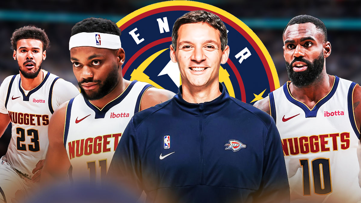 Thunder head coach Mark Daigneault next to Nuggets' Bruce Brown, Cameron Johnson, and Tim Hardaway Jr., with the Nuggets logo in the background