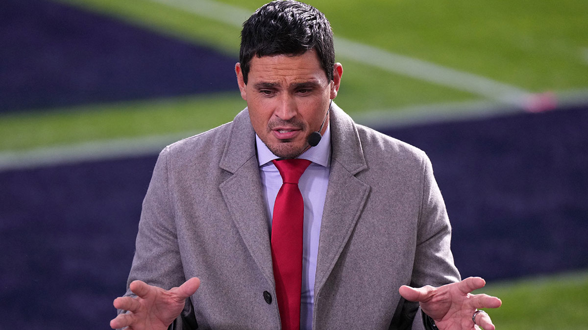 Jan 2, 2023; Pasadena, California, USA; ESPN broadcaster Mark Sanchez before the game between the Penn State Nittany Lions and the Utah Utes at the 109th Rose Bowl game at the Rose Bowl.