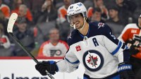 Winnipeg Jets center Mark Scheifele (55) reacts after scoring a goal against the Philadelphia Flyers at Wells Fargo Center.