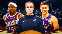 Mark Williams in a Phoenix Suns looking hyped, with Suns head coach Jordan Ott and Suns guard Collin Gillespie smiling.
