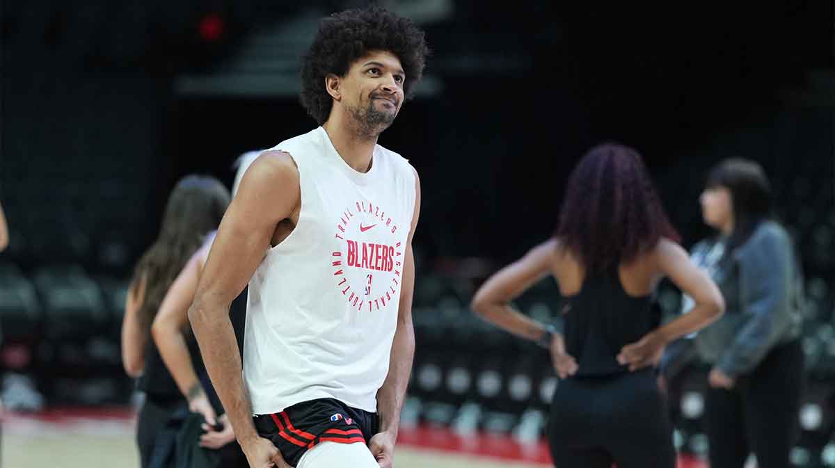 Portland Trail Blazers shooting guard Matisse Thybulle (4) looks on during warm ups before the game against the New York Knicks at Moda Center.