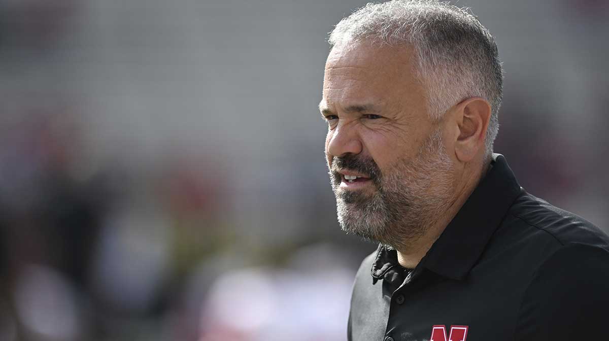 Nebraska Cornhuskers head coach Matt Rhule walks the field before the game against the Maryland Terrapins at SECU Stadium.