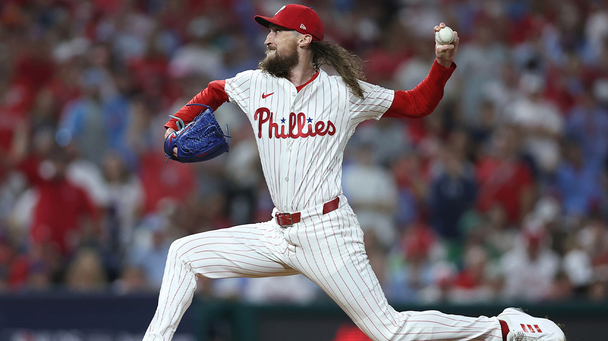 Philadelphia Phillies pitcher Matt Strahm (25) pitches against the Los Angeles Dodgers in the seventh inning during game one of the NLDS round for the 2025 MLB playoffs at Citizens Bank Park. 