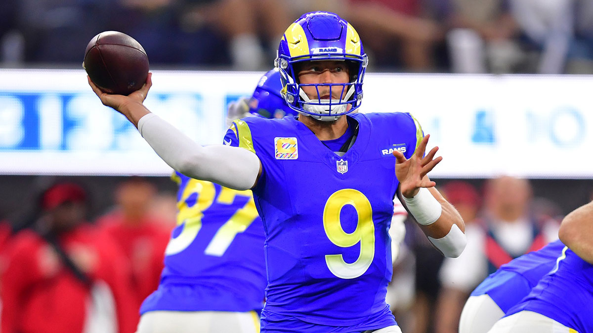 Los Angeles Rams quarterback Matthew Stafford (9) drops back to pass against the San Francisco 49ers during the first half at SoFi Stadium.