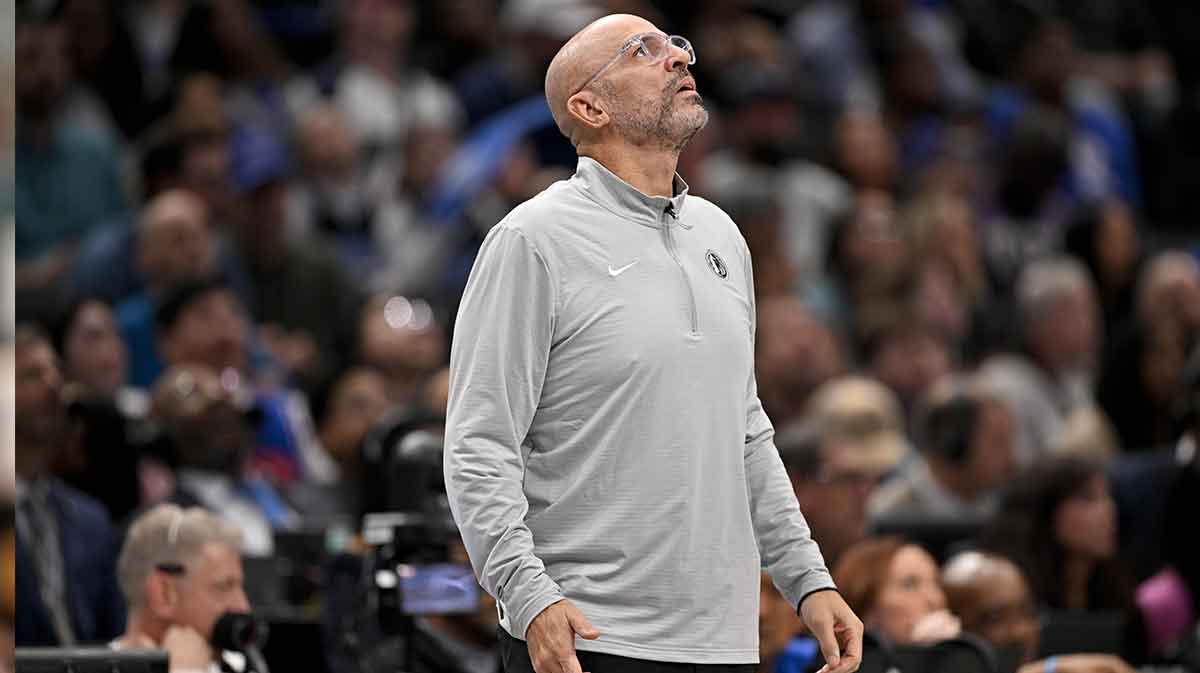 Dallas Mavericks head coach Jason Kidd checks the scoreboard during the second half against the Houston Rockets at the American Airlines Center.