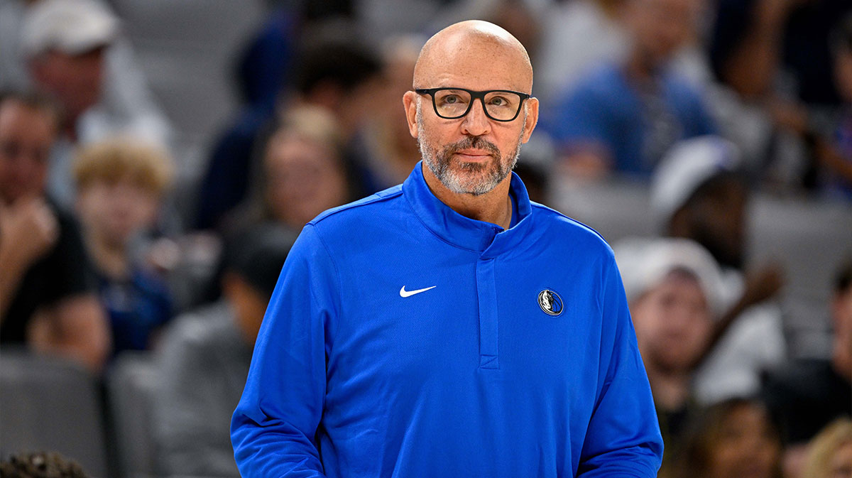 Mavericks Head Coach Jason Kidd looks on during the game between the Dallas Mavericks and the Oklahoma City Thunder at Dickie's Arena with Mavericks' Brandon Williams in the background