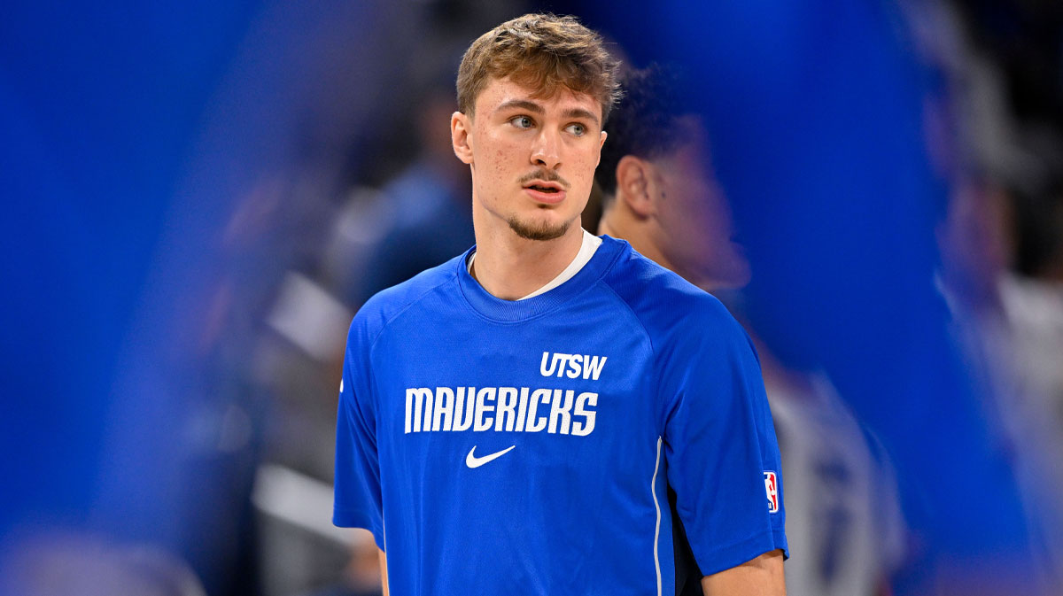 Dallas Mavericks forward Cooper Flagg (32) warms up before the game between the Dallas Mavericks and the Oklahoma City Thunder at Dickie's Arena.