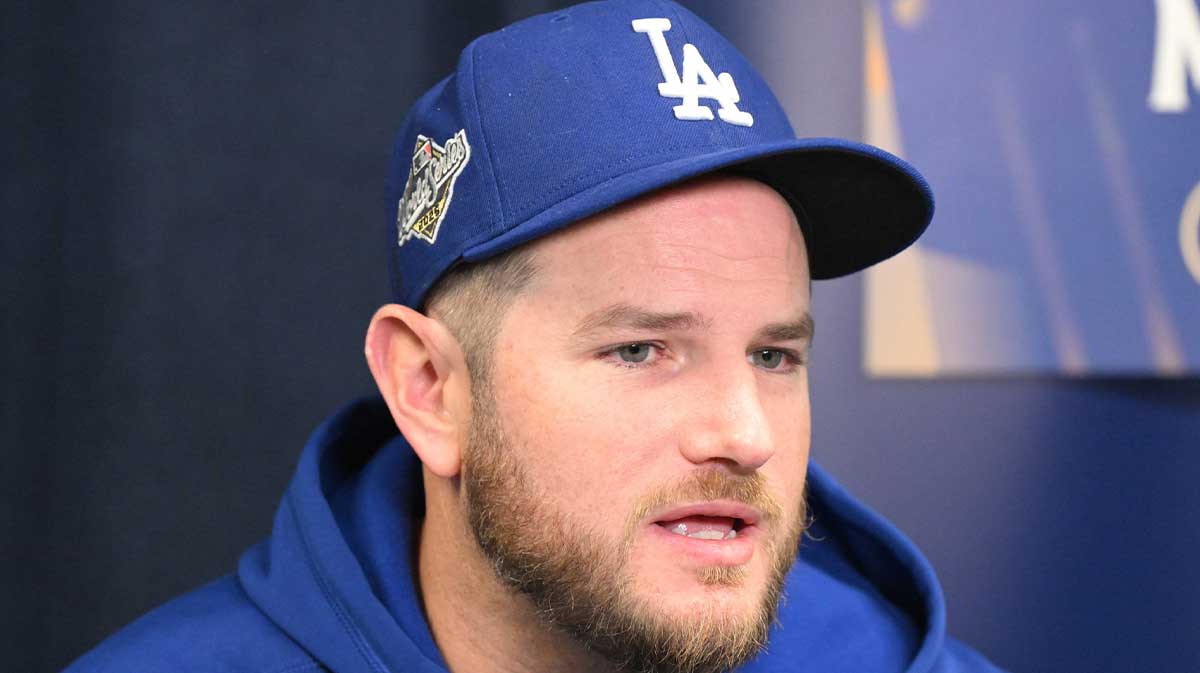 Los Angeles Dodgers third baseman Max Muncy (13) speaks to the media during media day and team workouts at Rogers Centre. Mandatory Credit: Dan Hamilton-Imagn Images