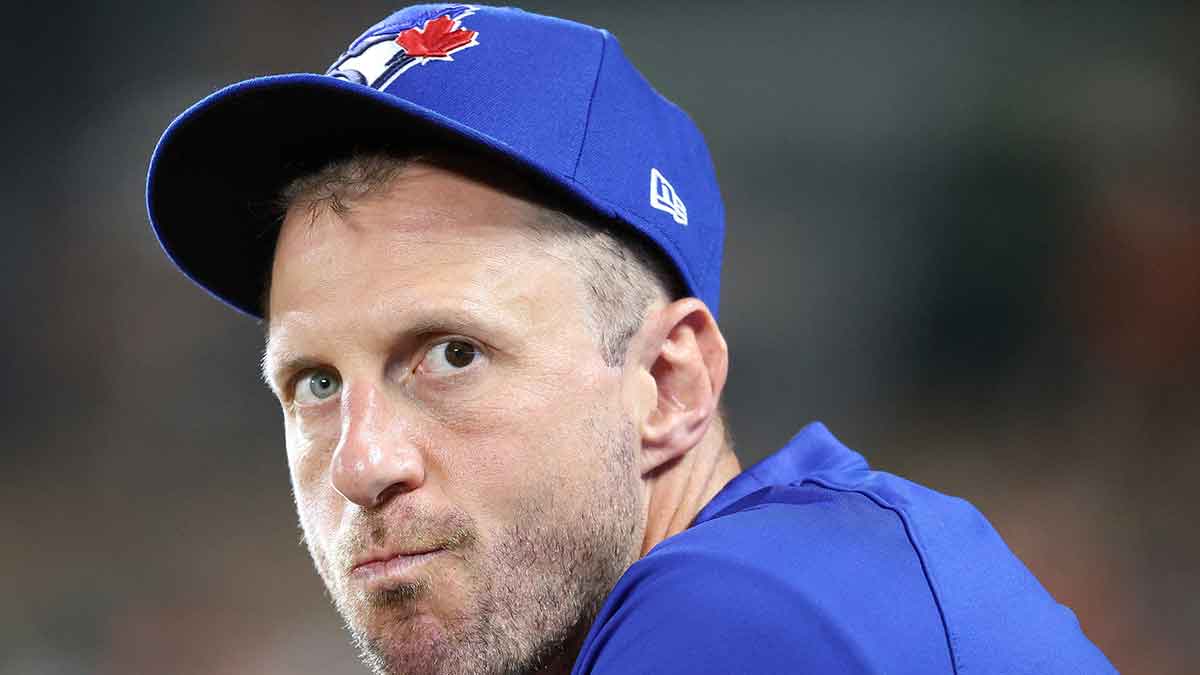 Toronto Blue Jays pitcher Max Scherzer (31) looks on during the ninth inning against the Baltimore Orioles at Oriole Park at Camden Yards.