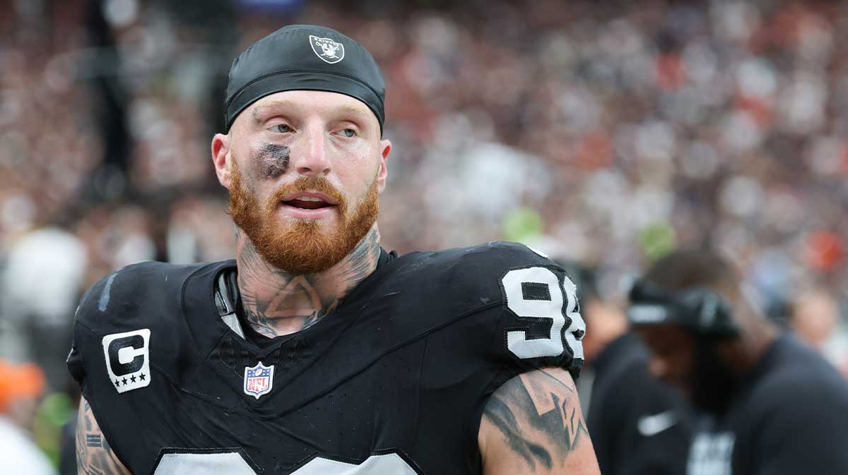 Las Vegas Raiders defensive end Maxx Crosby (98) looks on from the sideline during the first quarter against the Chicago Bears at Allegiant Stadium.