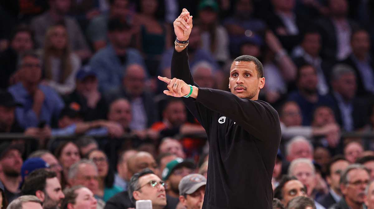 Boston Celtics head coach Joe Mazzulla reacts in the second half during game four of the second round for the 2025 NBA Playoffs against the New York Knicks at Madison Square Garden.