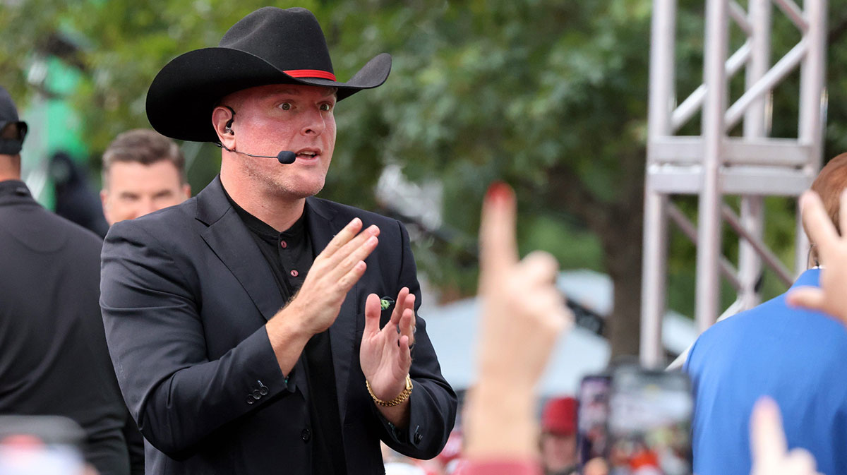 Pat McAfee takes the stage at ESPN College GameDay ahead of the University of Oklahoma-Michigan College football game on Sep 6, 2025 in Norman.