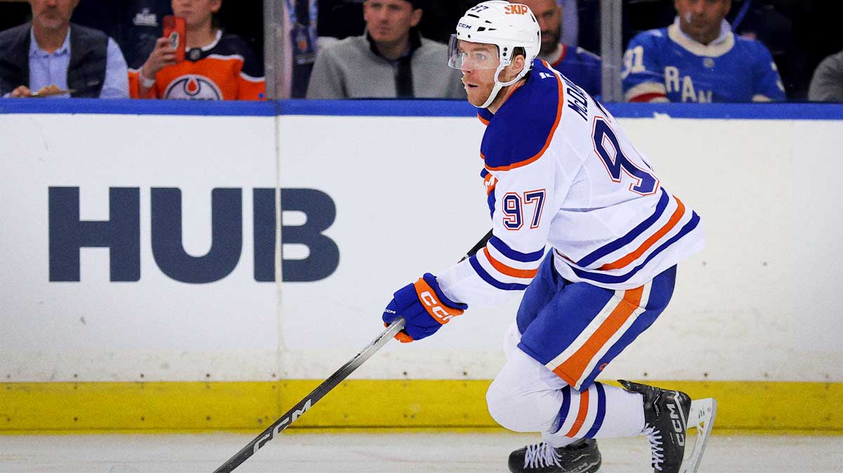 Edmonton Oilers center Connor McDavid (97) skates with the puck against the New York Rangers during the third period at Madison Square Garden