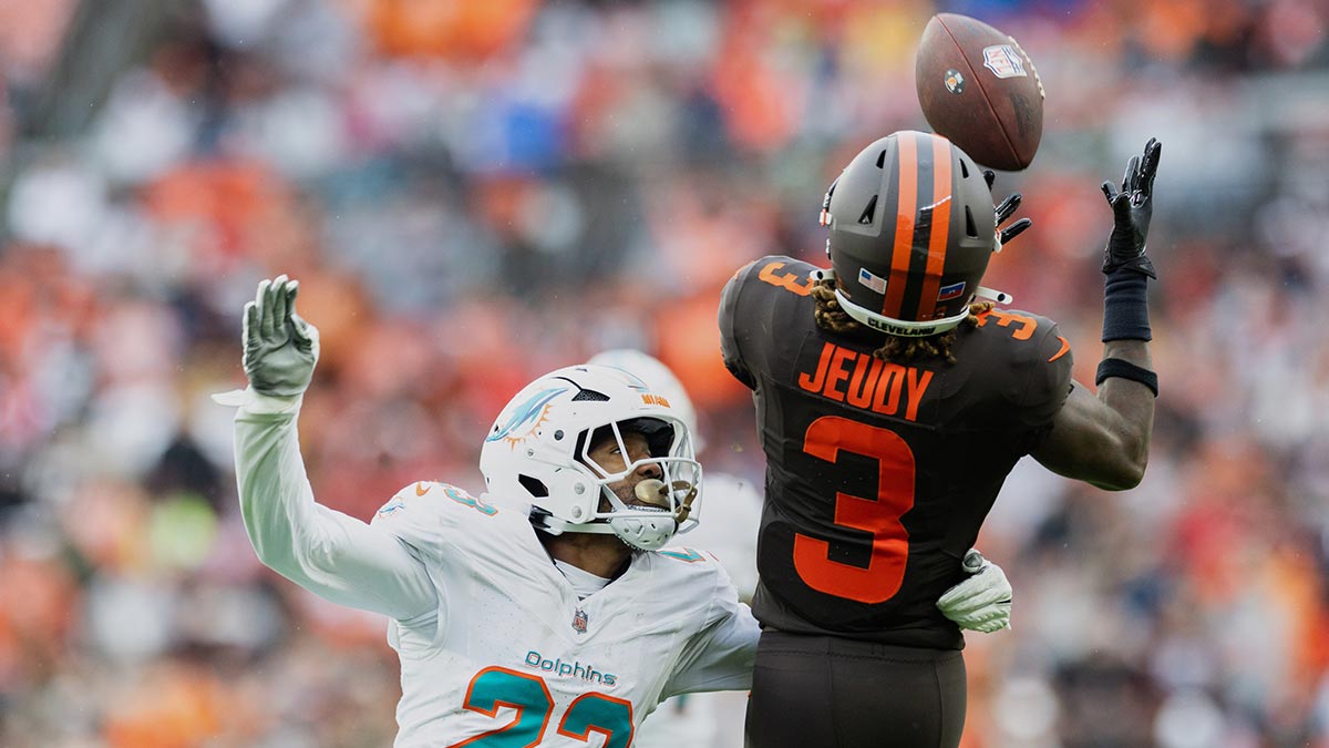 Miami Dolphins cornerback Jack Jones (23) breaks up a pass intended for Cleveland Browns wide receiver Jerry Jeudy (3)