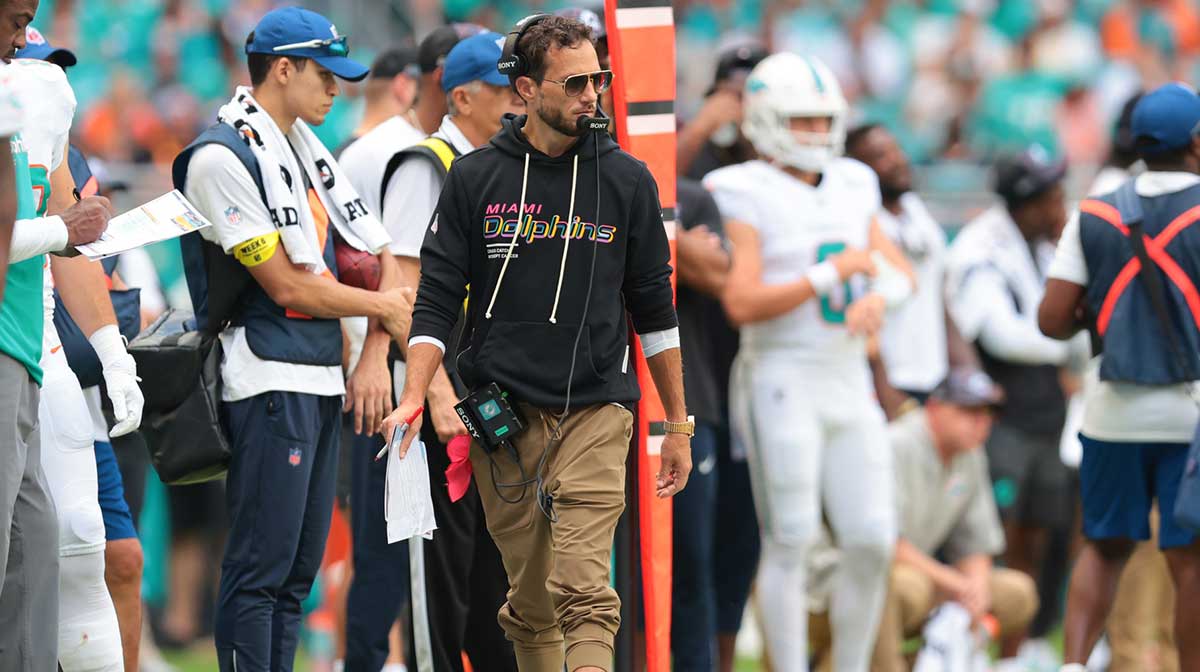 Miami Dolphins head coach Mike McDaniel watches from the sideline against the Los Angeles Chargers during the fourth quarter at Hard Rock Stadium.