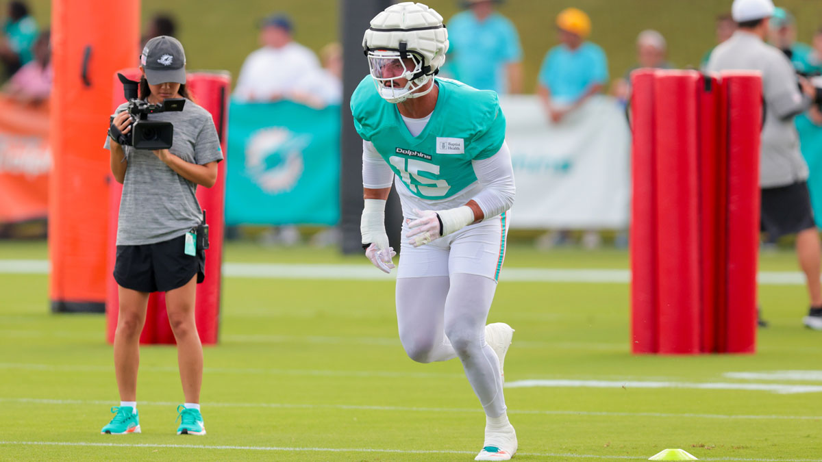 Miami Dolphins linebacker Jaelan Phillips (15) works during training camp at Baptist Health Training Complex.