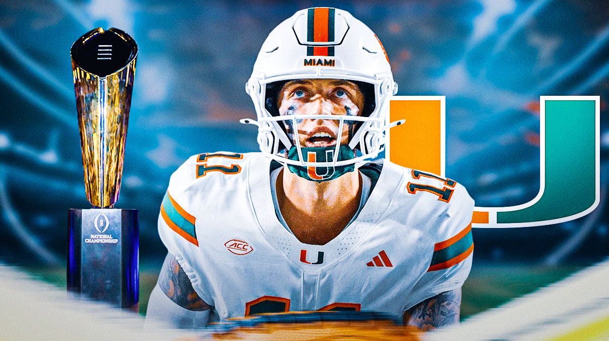 Carson Beck with the CFP National Championship Trophy, Miami logo in the background.