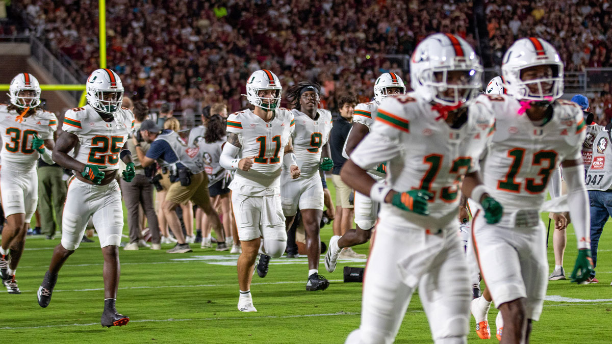 No. 3 University of Miami runs out of the tunnel onto Bobby Bowden Field. No. 18 Florida State University hosted the Hurricanes on Oct. 4, 2025.