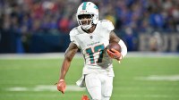 Miami Dolphins wide receiver Jaylen Waddle (17) runs against the Buffalo Bills in the fourth quarter at Highmark Stadium.