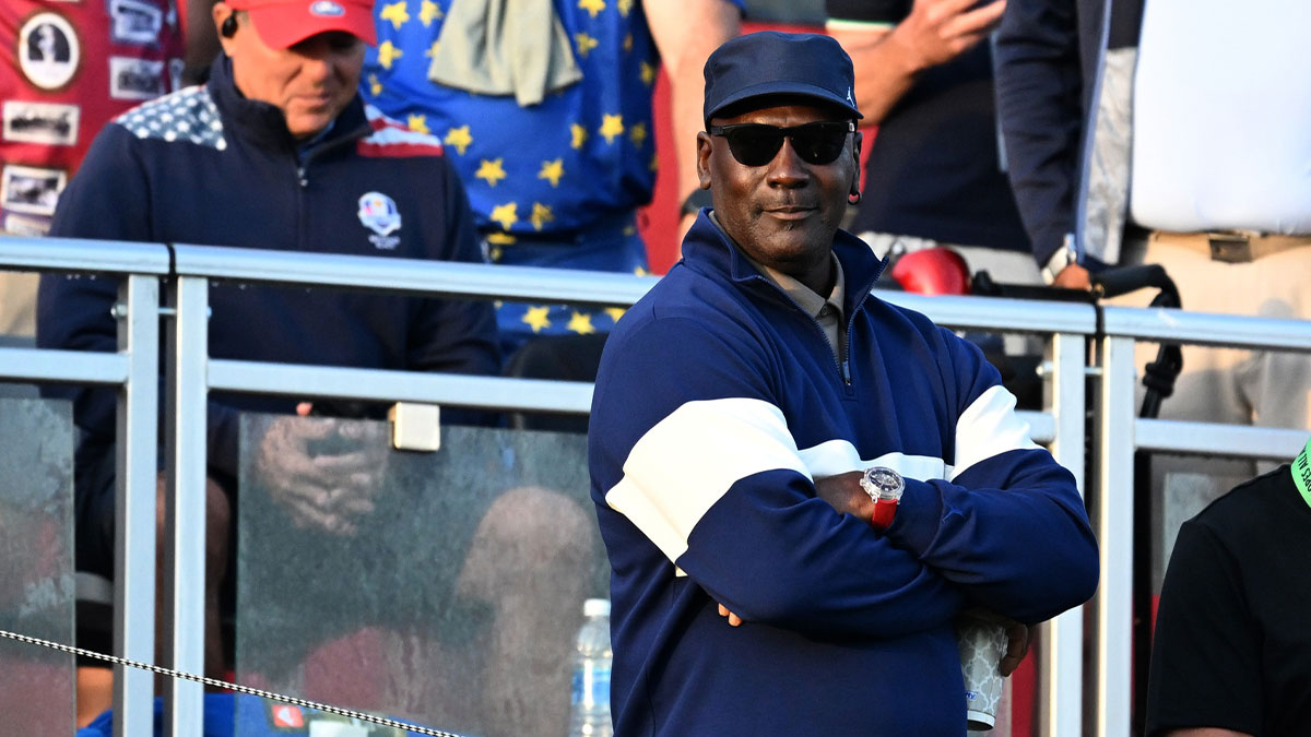 Michael Jordan watches the first hole on the penultimate day of competition for the Ryder Cup at Bethpage Black.