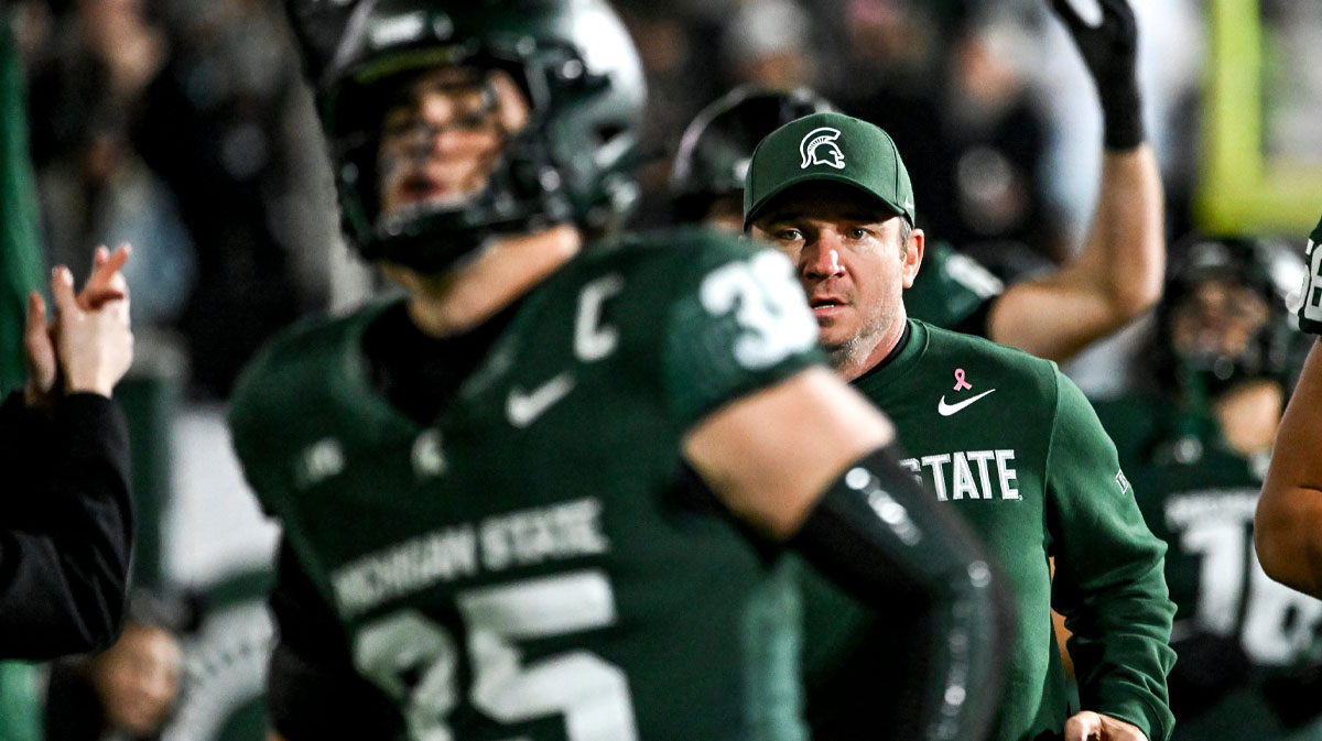 Michigan State's head coach Jonathan Smith takes the field before the game against Michigan on Saturday, Oct. 25, 2025, at Spartan Stadium in East Lansing.