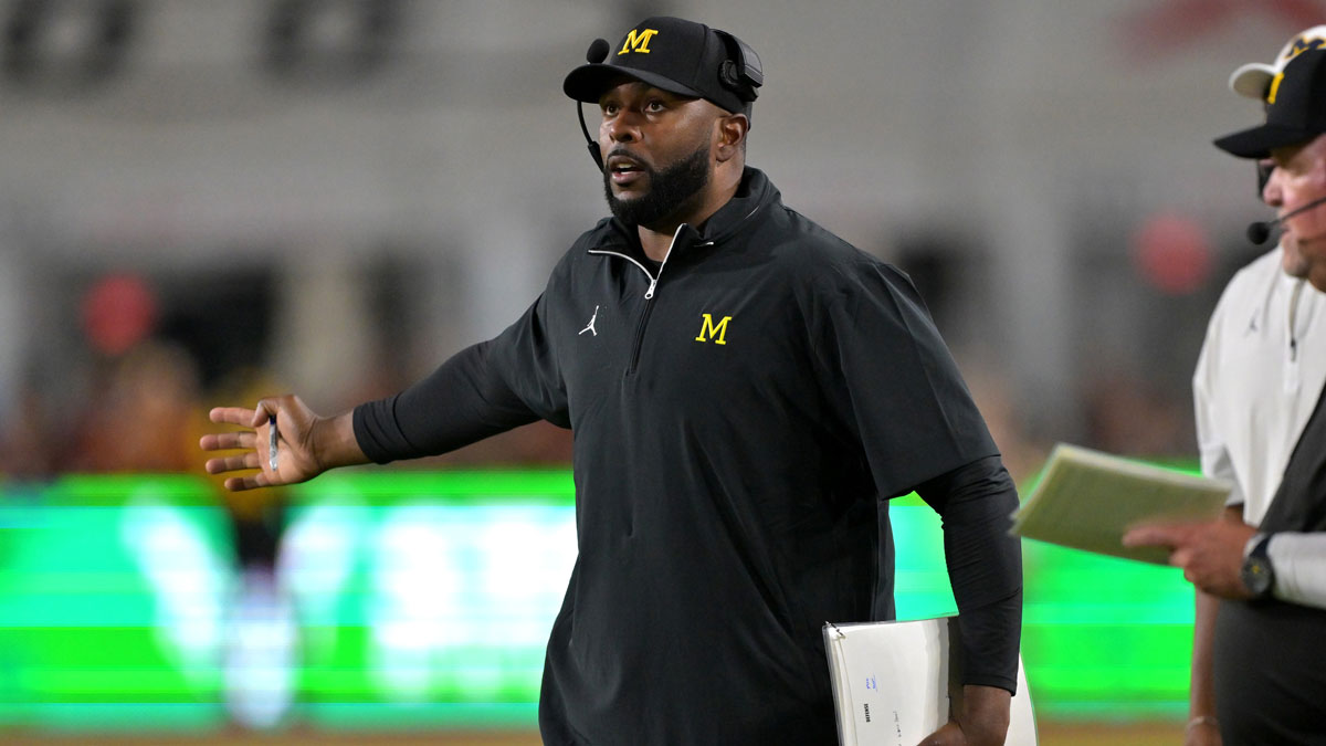 Michigan Wolverines head coach Sherrone Moore in the second half against the USC Trojans at United Airlines Field at the Los Angeles Memorial Coliseum.