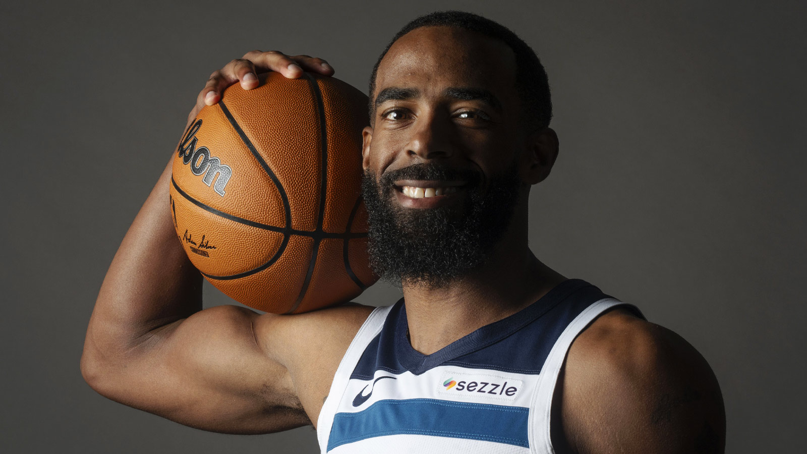 Minnesota Timberwolves guard Mike Conley (10) poses for a photograph as part of media day at Target Center.
