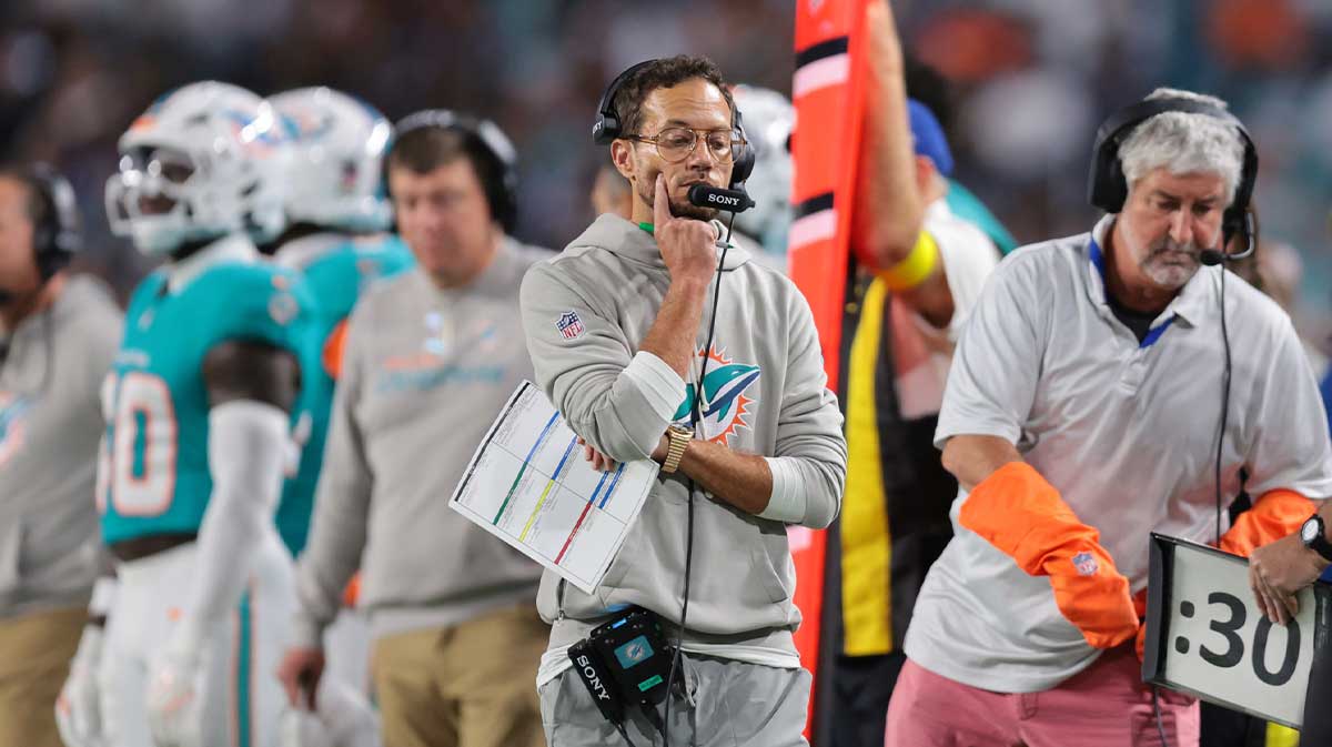 Miami Dolphins head coach Mike McDaniel stands on the sidelines during the second quarter against the Baltimore Ravens at Hard Rock Stadium.