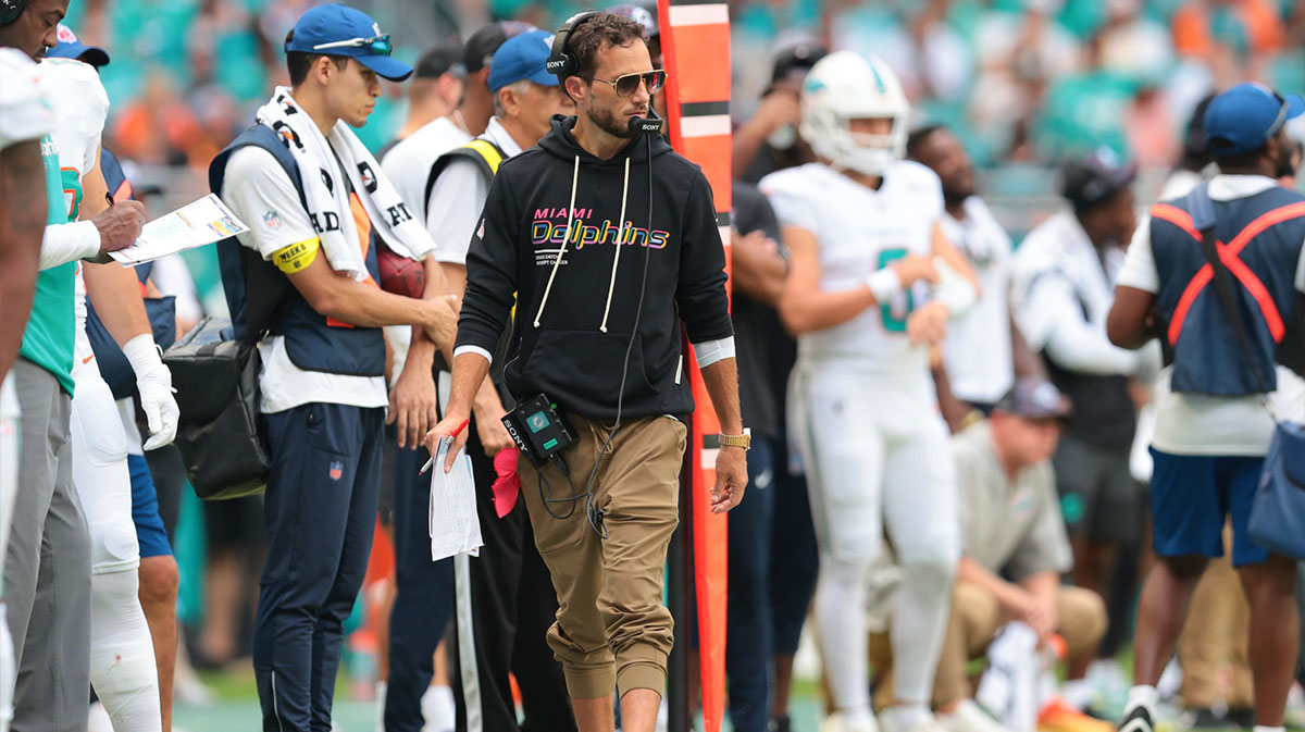 Miami Dolphins head coach Mike McDaniel watches from the sideline against the Los Angeles Chargers during the fourth quarter at Hard Rock Stadium.