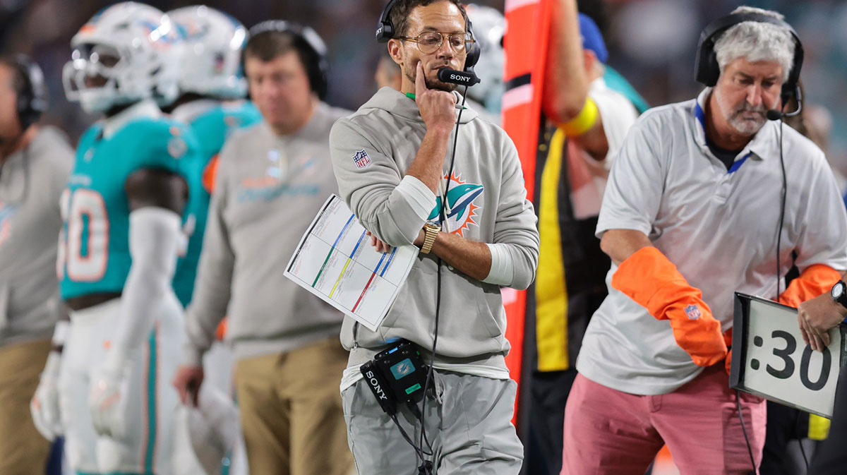 Miami Dolphins head coach Mike McDaniel stands on the sidelines during the second quarter against the Baltimore Ravens at Hard Rock Stadium.