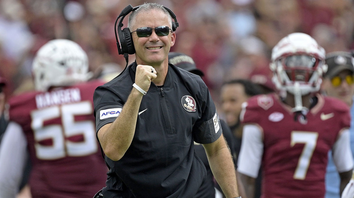 Florida State Seminoles head coach Mike Norvell reacts after a touchdown during the first half against the Kent State Golden Flashes at Doak S. Campbell Stadium.