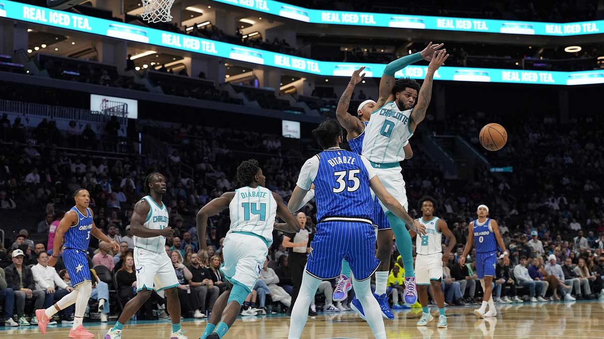 Charlotte Hornets forward Miles Bridges loses the rebound against the Orlando Magic during the first quarter at Spectrum Center.