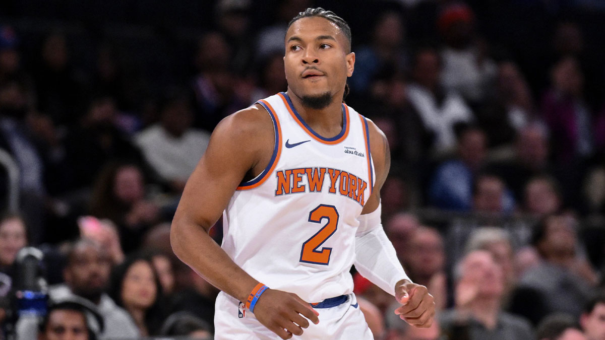 Oct 9, 2025; New York, New York, USA; New York Knicks guard Miles McBride (2) during the second half against the Minnesota Timberwolves at Madison Square Garden. Mandatory Credit: John Jones-Imagn Images