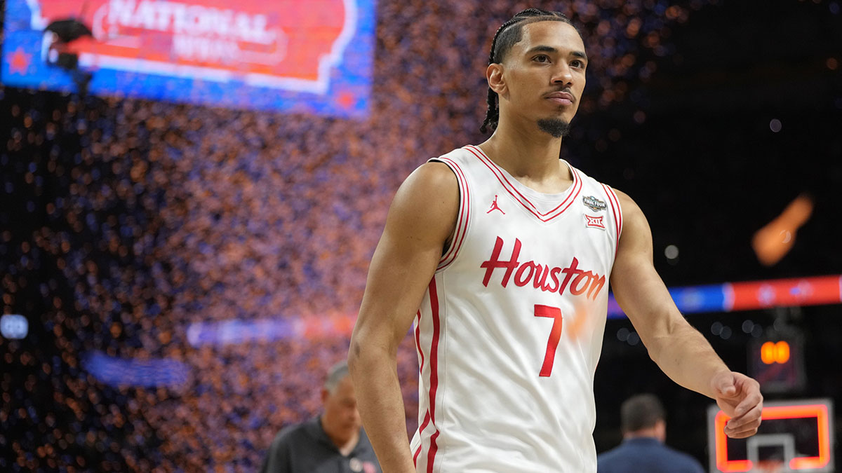 Houston Cougars guard Milos Uzan (7) walks off the court after losing to the Florida Gators in the national championship game of the Final Four of the 2025 NCAA Tournament at the Alamodome.