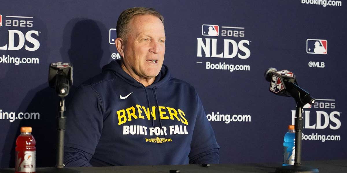 Milwaukee Brewers manager Pat Murphy talks to the media before game four of the NLDS round for the 2025 MLB playoffs at Wrigley Field.