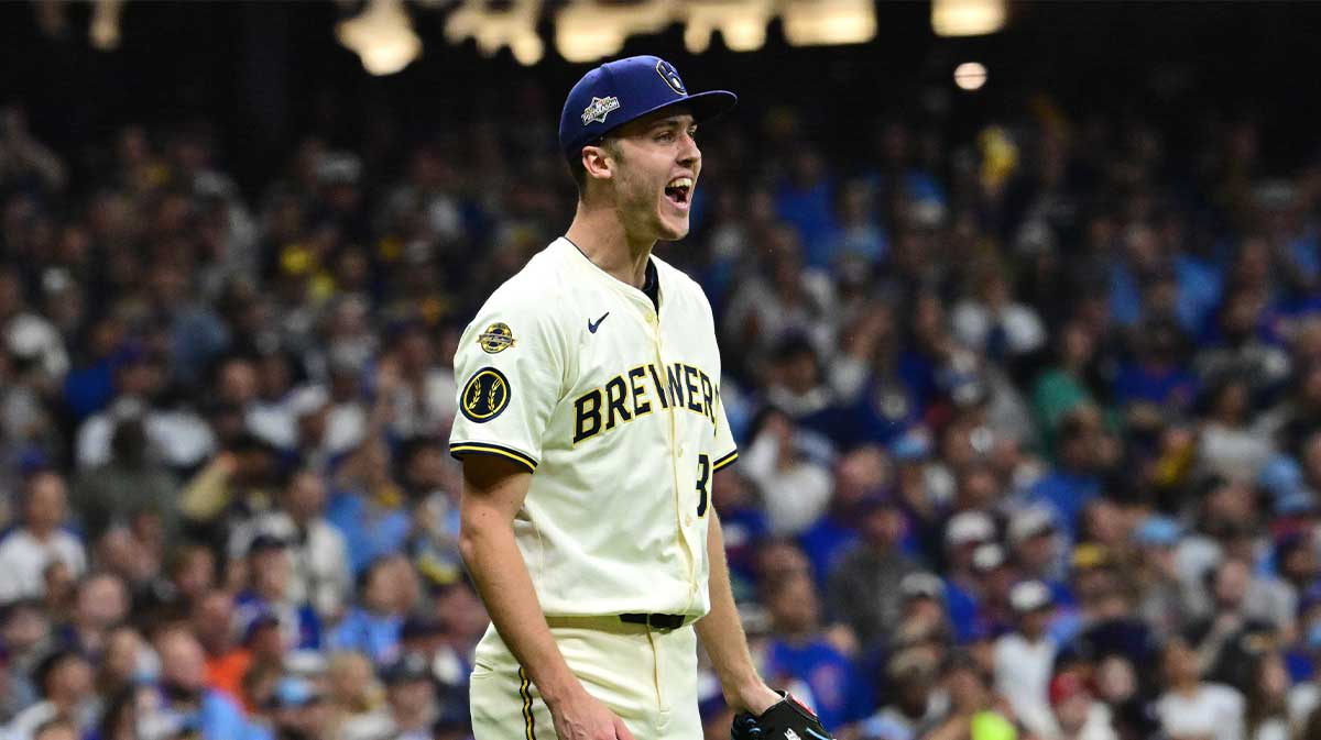 Milwaukee Brewers pitcher Jacob Misiorowski (32) reacts in the fifth inning against the Chicago Cubs during game five of the NLDS round for the 2025 MLB playoffs at American Family Field.