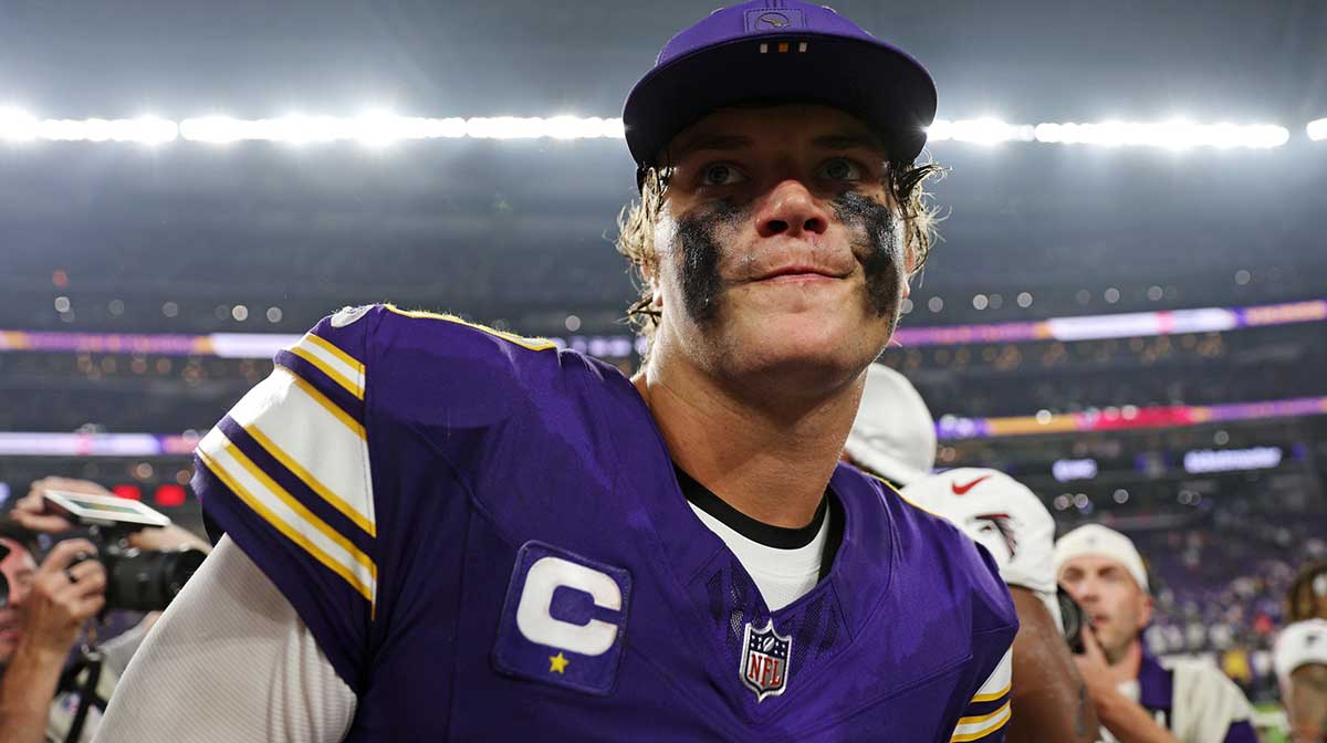 Minnesota Vikings quarterback J.J. McCarthy (9) reacts after the game against the Atlanta Falcons at U.S. Bank Stadium.