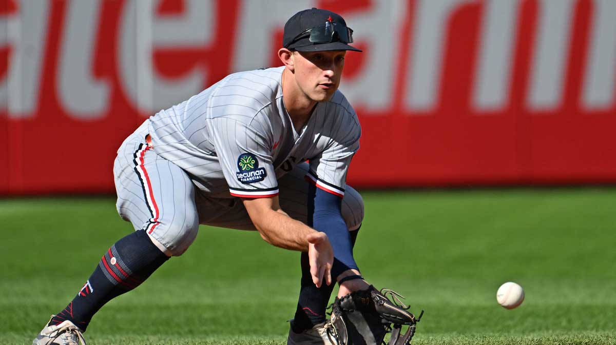 Minnesota Twins third base Brooks Lee (2) fields a ground ball during the first inning against the Philadelphia Phillies at Citizens Bank Park.