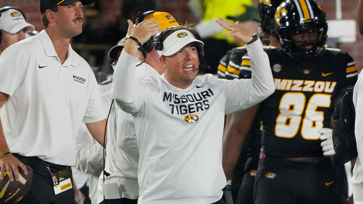 Missouri Tigers head coach Eli Drinkwitz gestures on the sidelines against the South Carolina Gamecocks during the second half of the game at Faurot Field at Memorial Stadium.