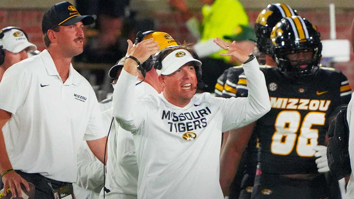 Missouri Tigers head coach Eli Drinkwitz gestures on the sidelines against the South Carolina Gamecocks during the second half of the game at Faurot Field at Memorial Stadium.