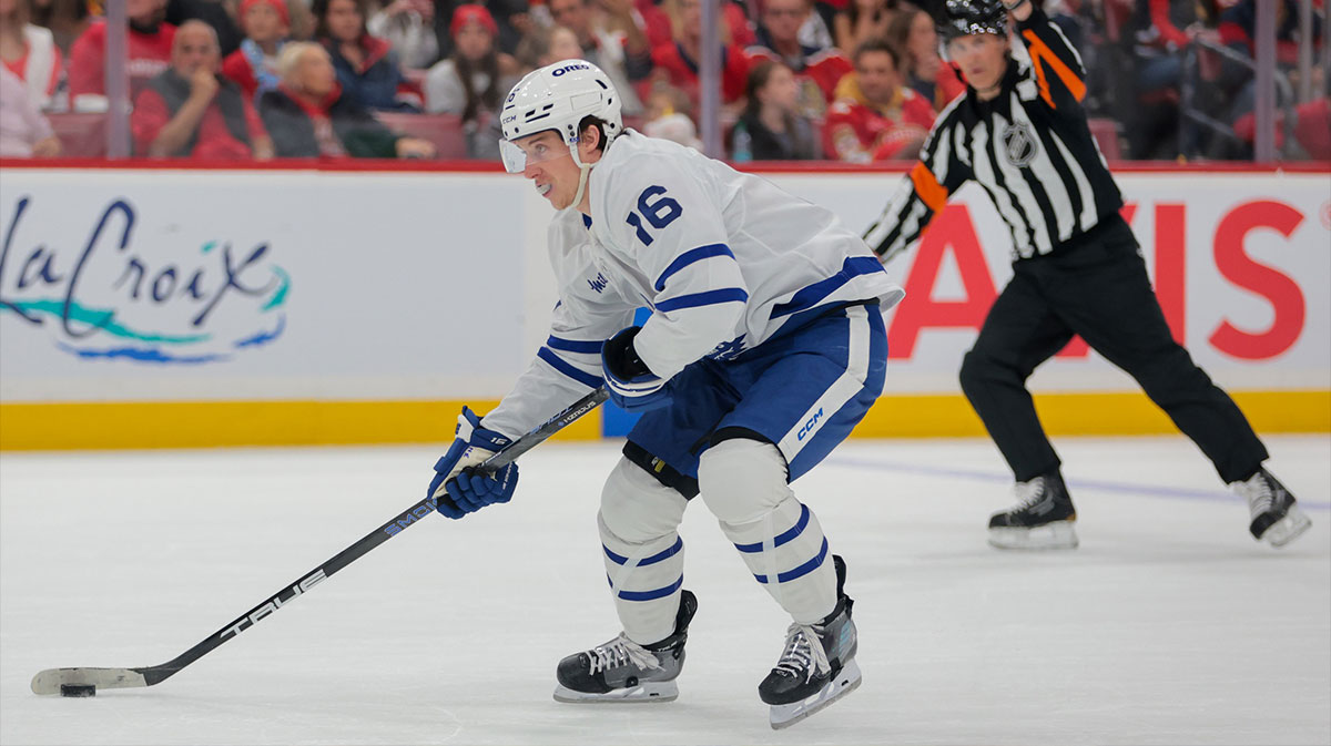 Toronto Maple Leafs right wing Mitch Marner (16) moves the puck against the Florida Panthers during the first period in game three of the second round of the 2025 Stanley Cup Playoffs at Amerant Bank Arena.