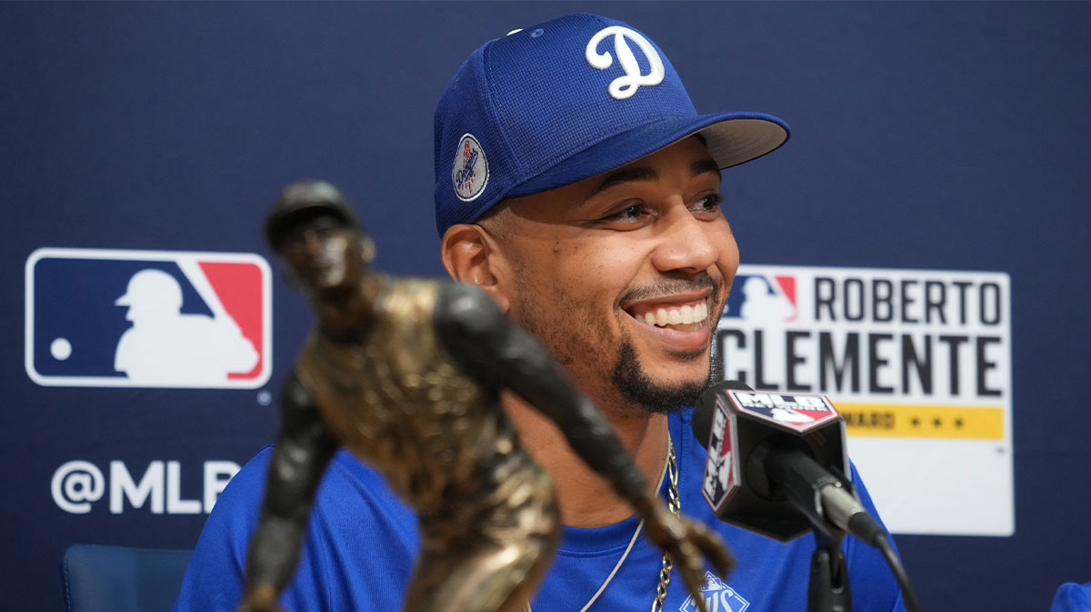 Los Angeles Dodgers shortstop Mookie Betts (50) is awarded the Roberto Clemente Award before game three of the 2025 MLB World Series against the Toronto Blue Jays at Dodger Stadium.