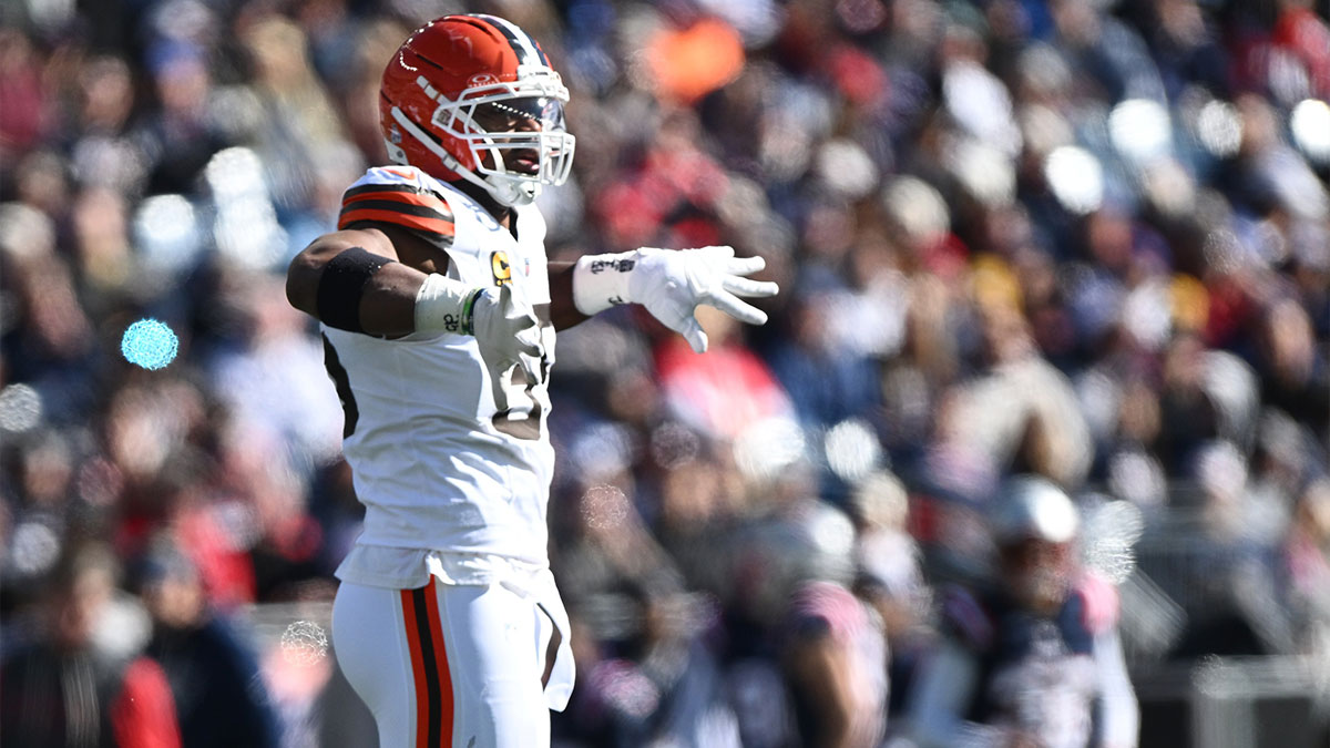 Cleveland Browns defensive end Myles Garrett (95) reacts after a sack against New England Patriots quarterback Drake Maye (10) (not pictured) during the first quarter at Gillette Stadium.
