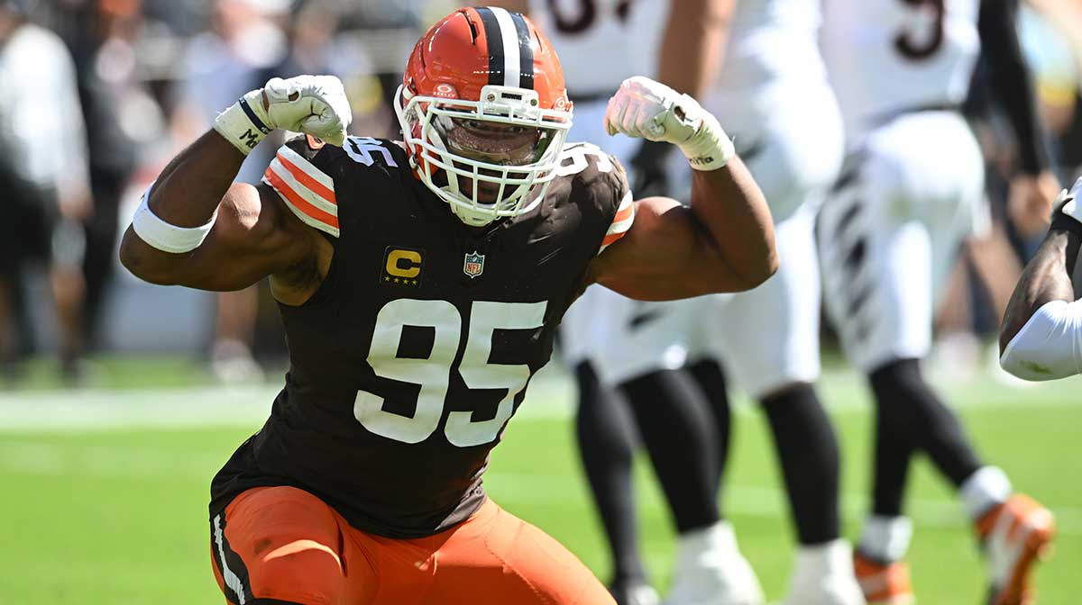 Cleveland Browns defensive end Myles Garrett (95) celebrates after a play during the second half against the Cincinnati Bengals at Huntington Bank Field.