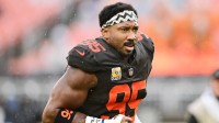 Cleveland Browns defensive end Myles Garrett (95) runs off the field before the game between the Browns and the Miami Dolphins at Huntington Bank Field.